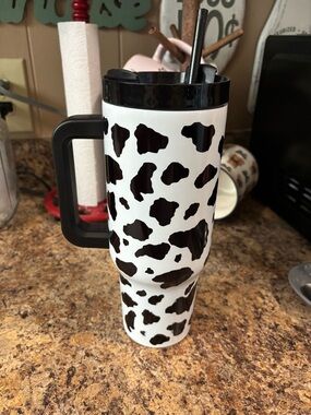Black and White Cow Print Travel Tumbler with Handle